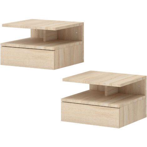Lot de 2 tables de chevet murales, tables de nuit suspendues avec tiroir, étagère ouverte, 35x32x22,5cm, chêne
