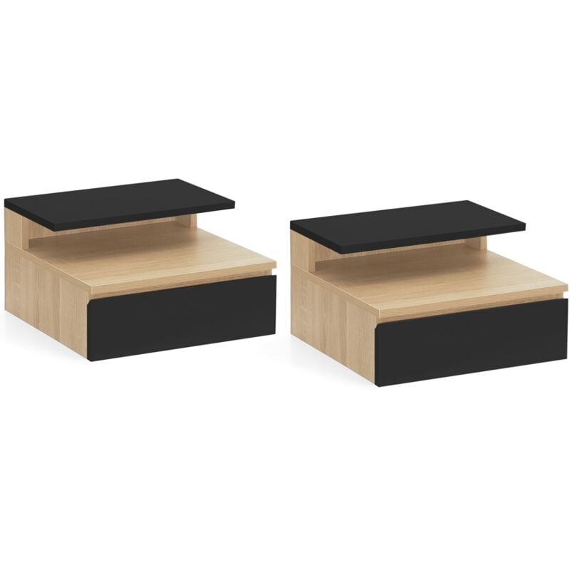 Lot de 2 tables de chevet murales tomi 1 tiroir + 1 tablette étagère suspendue + 1 tablette façon hêtre et noir