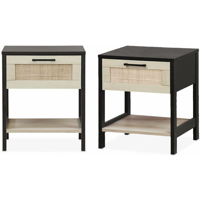 Lot de 2 tables de chevet. noir et cannage 40 x 40 x 48cm - Bianca - 1 tiroir. 1 étagère