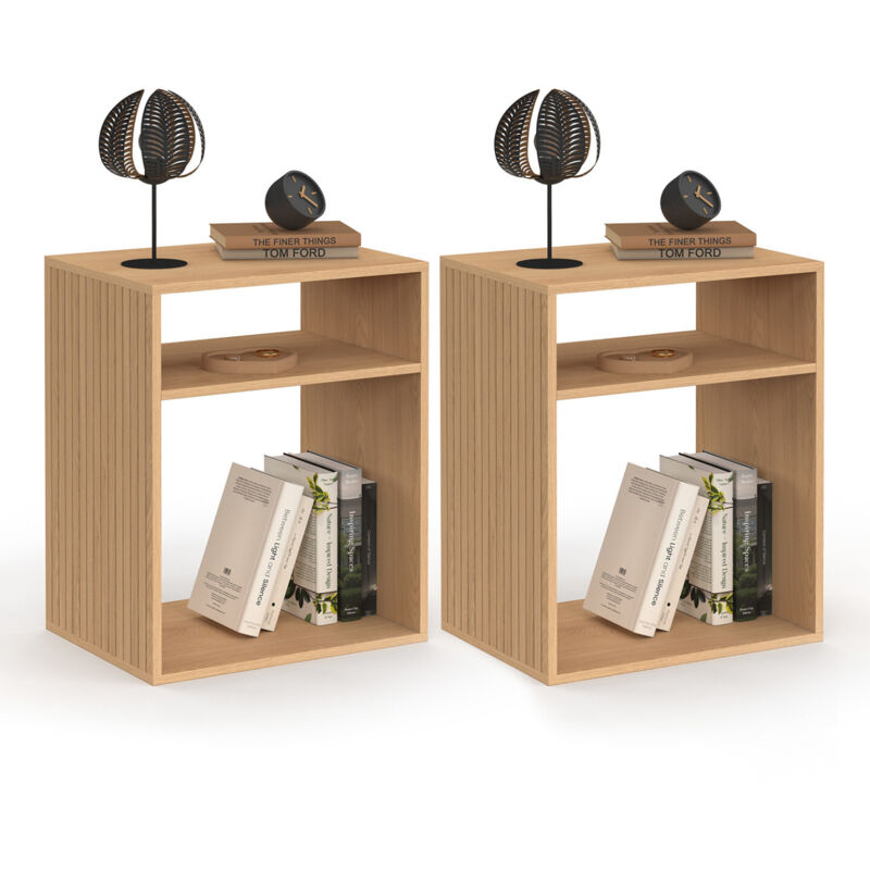 Lot de 2 tables de chevet avec rangements ouverts effet lattes et bois