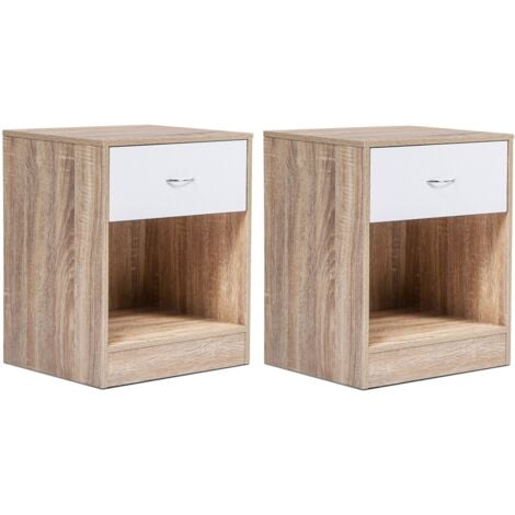Lot de 2 tables de chevet OLGA 1 tiroir avec niche bois façon hêtre et tiroir blanc