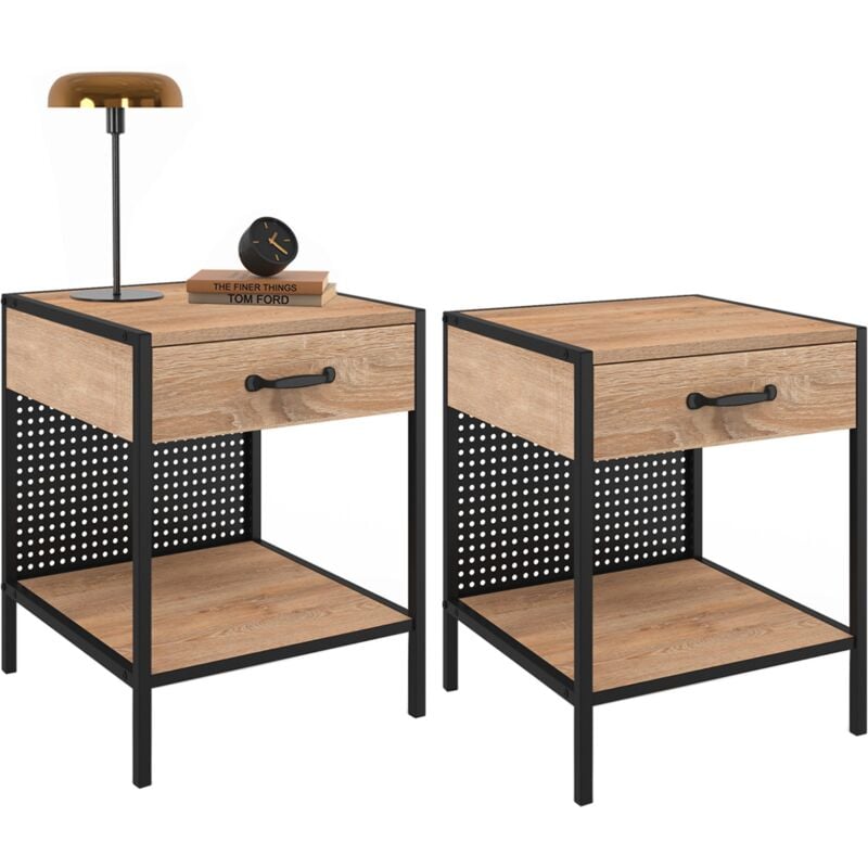Lot de 2 tables de chevet PRESTON 1 tiroir avec tablette acier perforé design industriel
