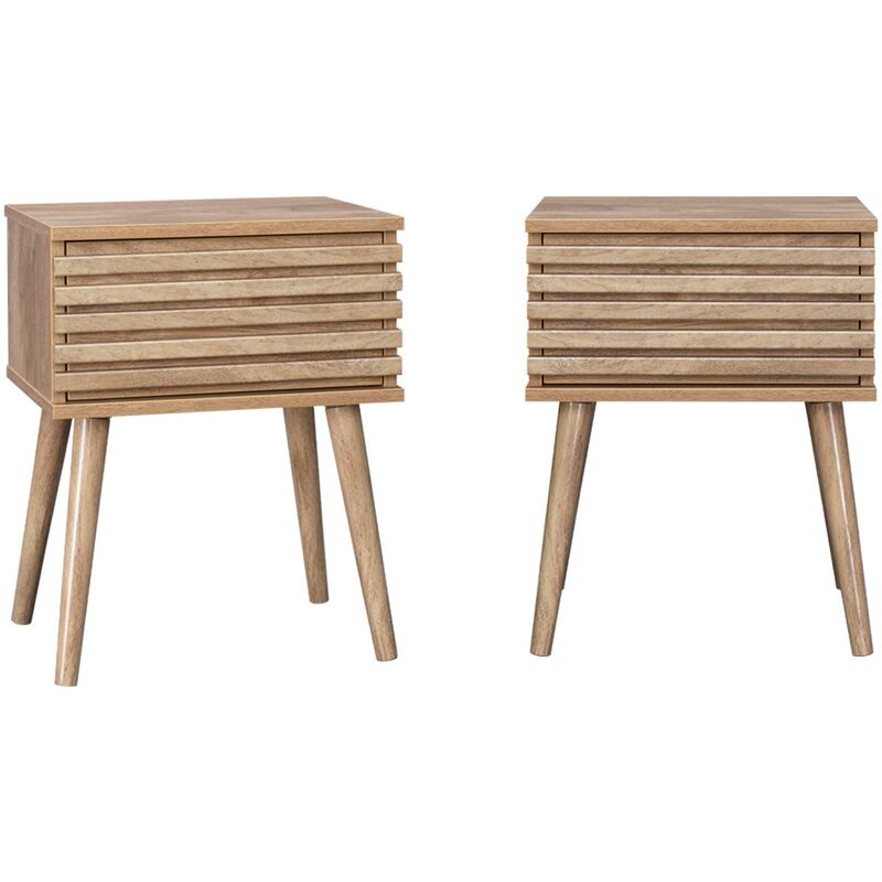 Sweeek - Lot de deux tables de chevet style scandinave décor bois avec tiroir rainuré et pieds compas