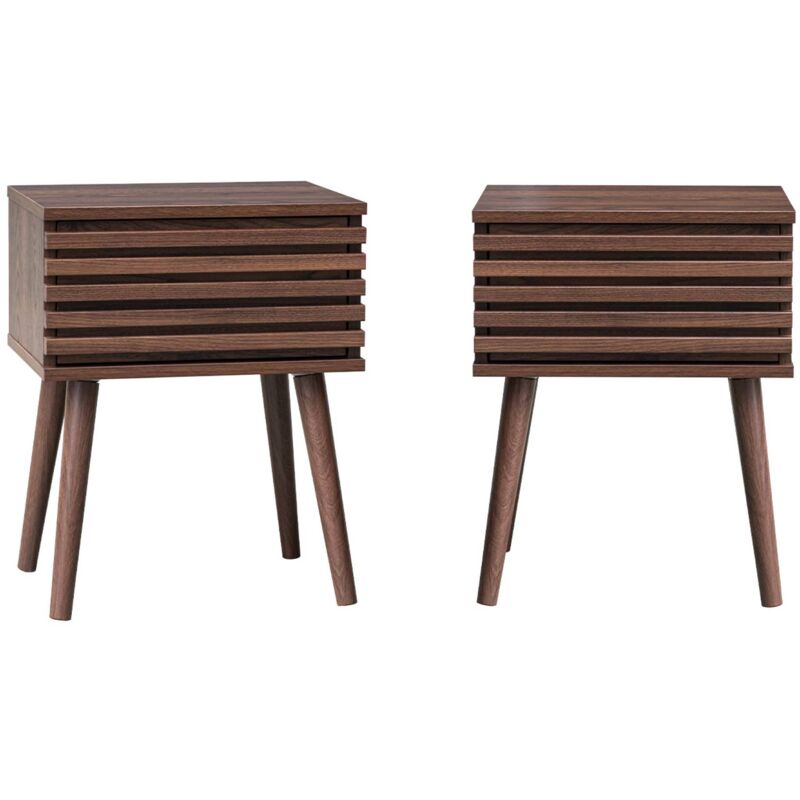 Lot de 2 tables de chevet style scandinave décor bois avec tiroir rainuré noyer et pieds compas
