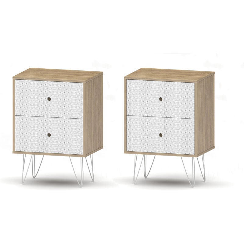 Lot de 2 tables de chevet sigrid 2 tiroirs scandinaves bois et blanc