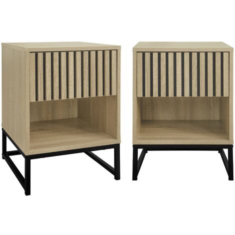 Lot de 2 tables de chevet style contemporain avec 1 tiroir effet bois rainuré (système d'ouverture par pression) et 1 niche. piètement en métal noir