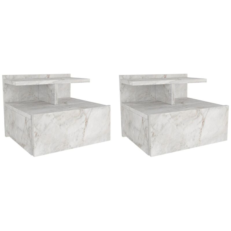 Lot de 2 tables de chevet suspendues - 1 tiroir - Effet marbre blanc - azelno
