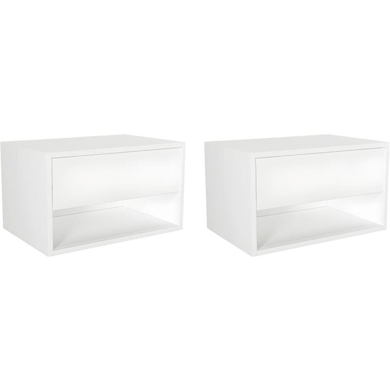 Lot de 2 tables de chevet suspendues - 1 tiroir et 1 niche - Blanc - ritami