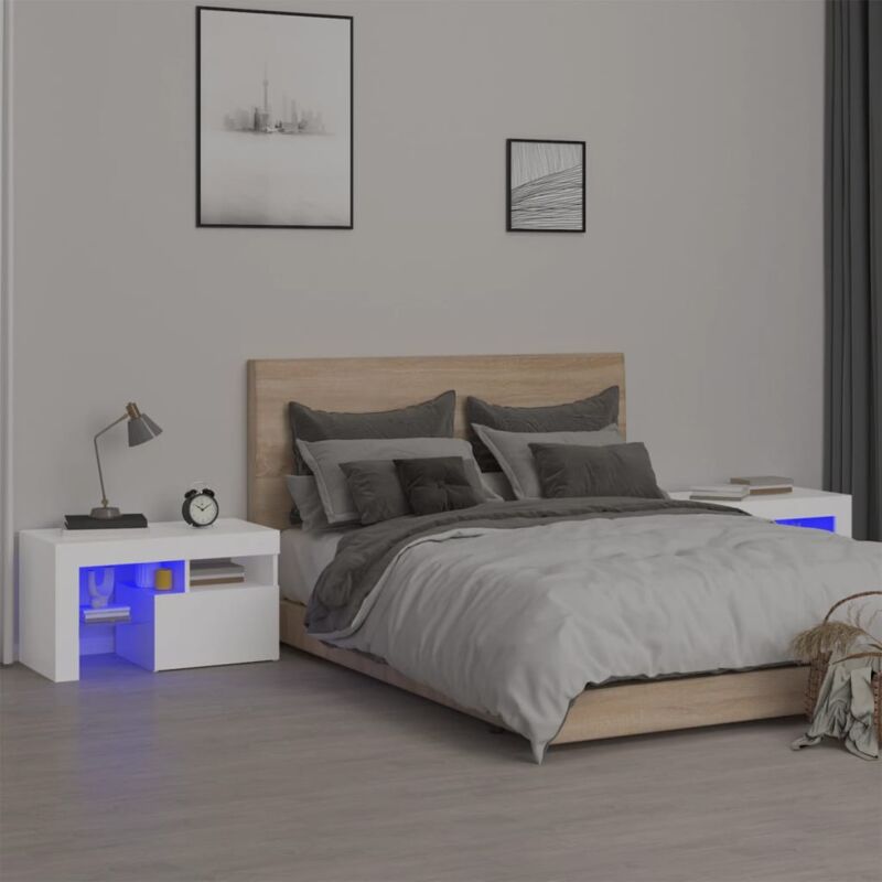 Lot de 2 Tables de chevet Table d'appoint Table de nuit et lumières led Blanc 70x36,5x40 cm CVW61238