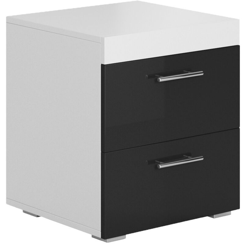 Lot de 2 Tables de chevet Table de Nuit 2 tiroirs Poignées en aluminium 45x50x40cm Modèle Ciro Blanc et Noir finition brillante