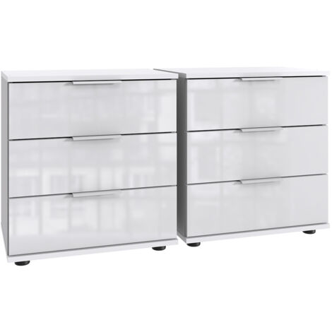 Lot de 2 tables de chevet, table de nuit avec 3 tiroirs coloris blanc, verre blanc - Longueur 104 x Hauteur 58 x Profondeur 38 cm