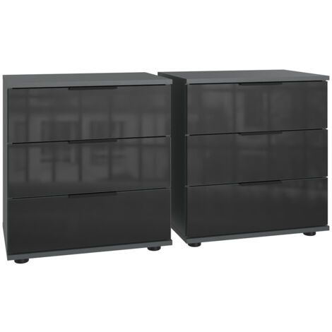 Lot de 2 tables de chevet, table de nuit avec 3 tiroirs coloris Graphite et verre noir - Longueur 104 x Hauteur 58 x Profondeur 38 cm