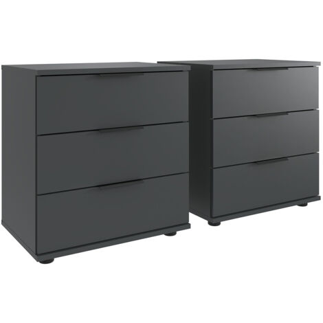 Lot de 2 tables de chevet, table de nuit avec 3 tiroirs coloris graphite, rechampis aspect clayettes imitation chêne Artisan - Longueur 104 x Hauteur 58 x Profondeur 38 cm