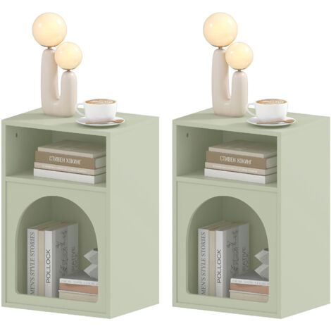 Lot de 2 tables de chevet, table de nuit avec compartiments ouverts, design arqué, 40 x 30 x 60 cm, vert clair