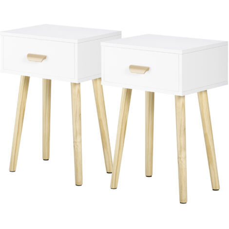 Lot de 2 tables de chevet, table de nuit moderne avec tiroir et pieds en bois massif, 40,5 x 30,5 x 60 cm, blanc