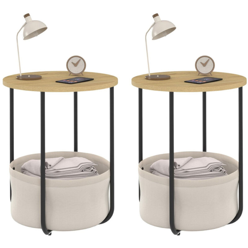 Lot de 2 tables de chevet, tables d'appoint, bout de canapé detroit rondes avec panier en tissu design industriel