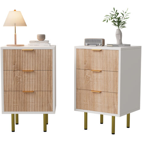 Lot de 2 Tables de Chevet, Tables de Nuit avec 3 Tiroirs,bohème Petite Tables de Nuit en Bois,Commode à 3 Tiroirs,Tables d'appoint pour Salon Chambre Couloir,Couleur Bois+Blanc