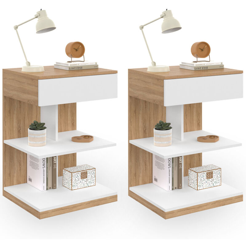 Lot de 2 tables de chevet tomi 1 tiroir et 2 étagères façon hêtre et blanc