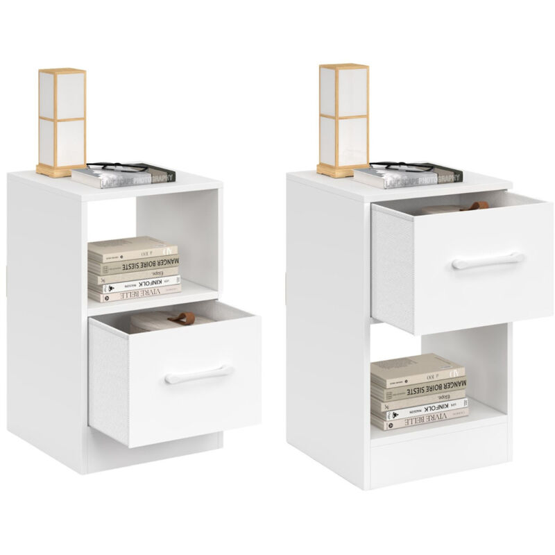Idmarket – Lot de 2 tables de chevet 1 tiroir en panneau de particules – Niche ouverte pour rangement – Dimensions 30x30x49,5 cm – Coloris blanc