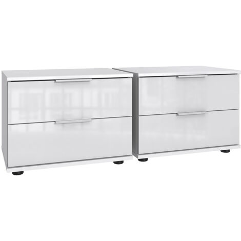 Lot de 2 tables de chevets, table de nuits avec 2 tiroirs coloris blanc, verre blanc - Longueur 104 x Hauteur 40 x Profondeur 38 cm