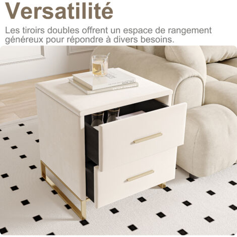 Lot de 2 Tables de Chevet,Table de chevet, Table de nuit lot de 2 en Velours Beige, Ensemble de Chevets Rembourrés avec Pieds et Poignées Métal Doré, Style Moderne Chambre