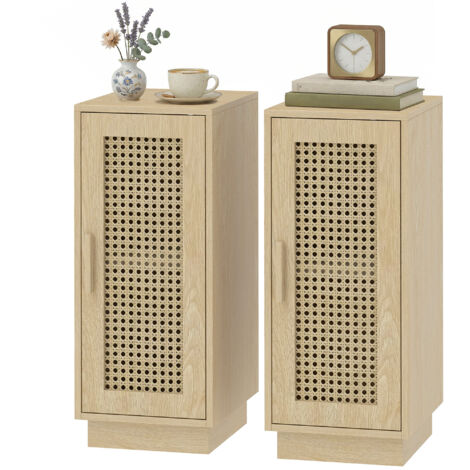 Lot de 2 tables de nuit, étagère ajustable et porte en rotin tressé, style bohème, 25x30x60 cm, bois naturel
