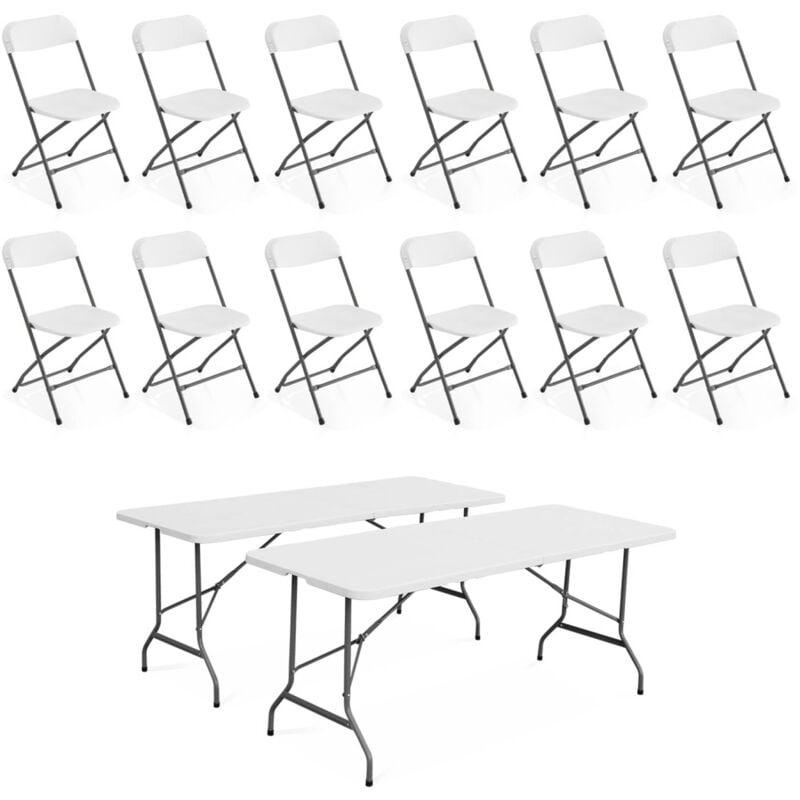 Lot de 2 tables de réception pliables en plastique blanc 180cm + 12 chaises d'appoint. table de camping - Blanc