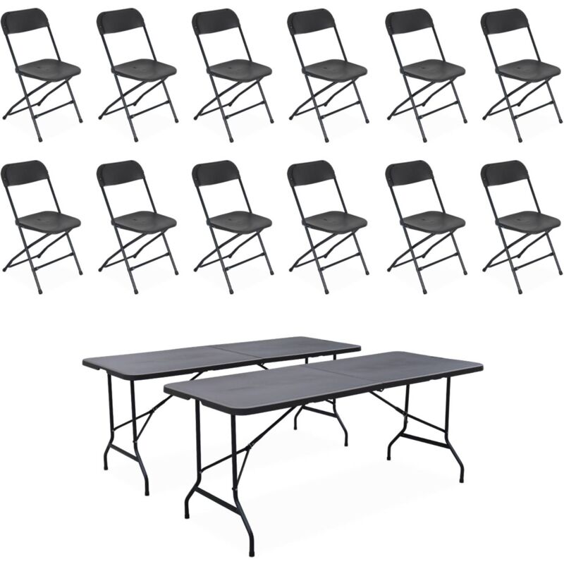 Lot de 2 tables de réception pliables en plastique gris 180cm + 12 chaises d'appoint. table de camping - Gris foncé