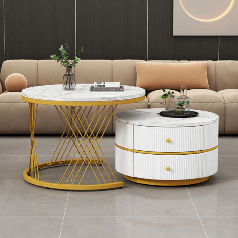 Lot de 2 tables gigognes - 2 tiroirs - plateau à motif de marbre - Blanc & Doré