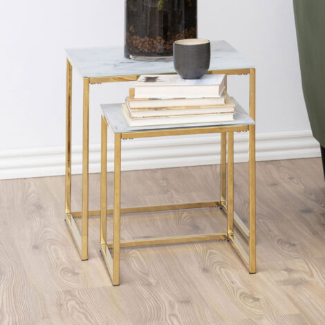 Lot de 2 tables gigognes aspect marbre blanc et métal doré - MONZA