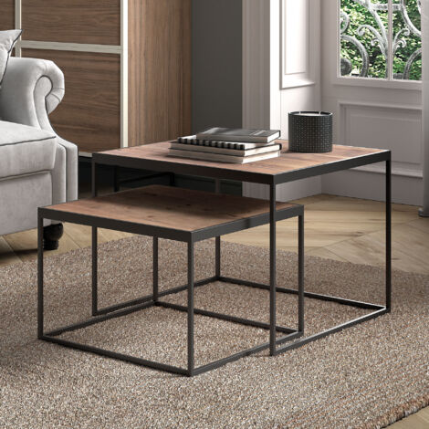Lot de 2 tables gigognes carrée 65 et 50 cm en bois exotique naturel