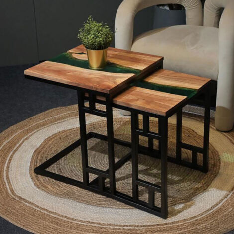 Lot de 2 tables gigognes époxy bleu en bois d'acacia - LYSEA