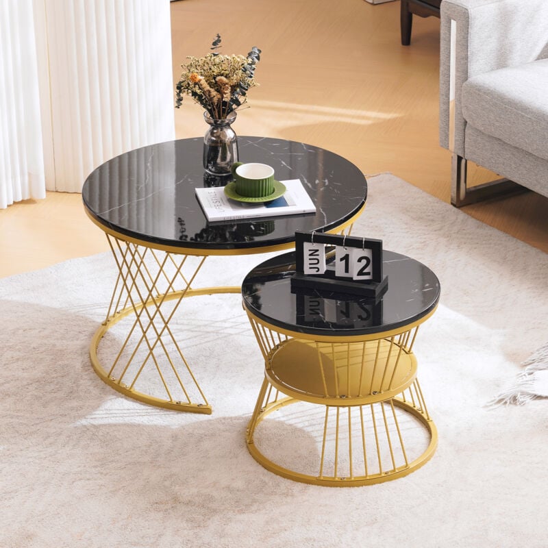 lot de 2 tables gigognes - placage à motif de marbre - structure dorée - noir