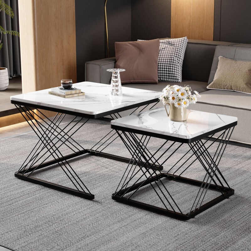 Modernluxe - Lot de 2 tables gigognes - plateau à motif de marbre - Blanc & Noir