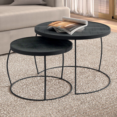 Lot de 2 tables gigognes rondes 65 et 48 cm en bois exotique noir