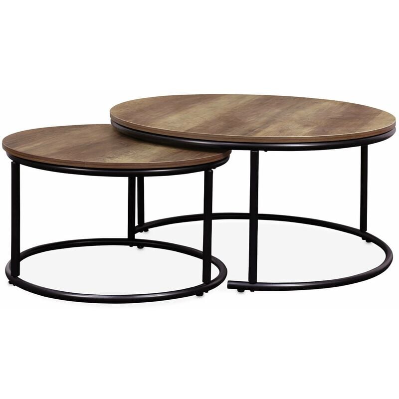 Sweeek - Lot de 2 tables gigognes rondes métal noir. décor bois - Loft - encastrables. 1x Ø77 x h 40cm / x1 Ø57 x h 35cm