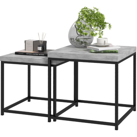 Lot de 2 tables gigognes tables basses carrées tables de salon cadre en acier et plateaux en bois gris