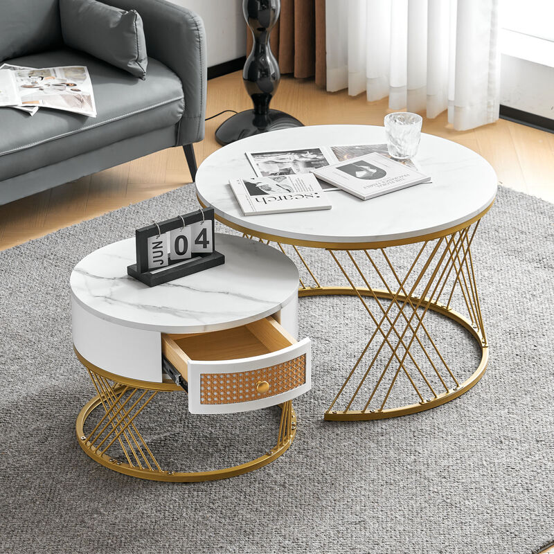 Modernluxe - Lot de 2 tables gigognes - texture marbre - tiroirs en rotin - cadre doré - blanc