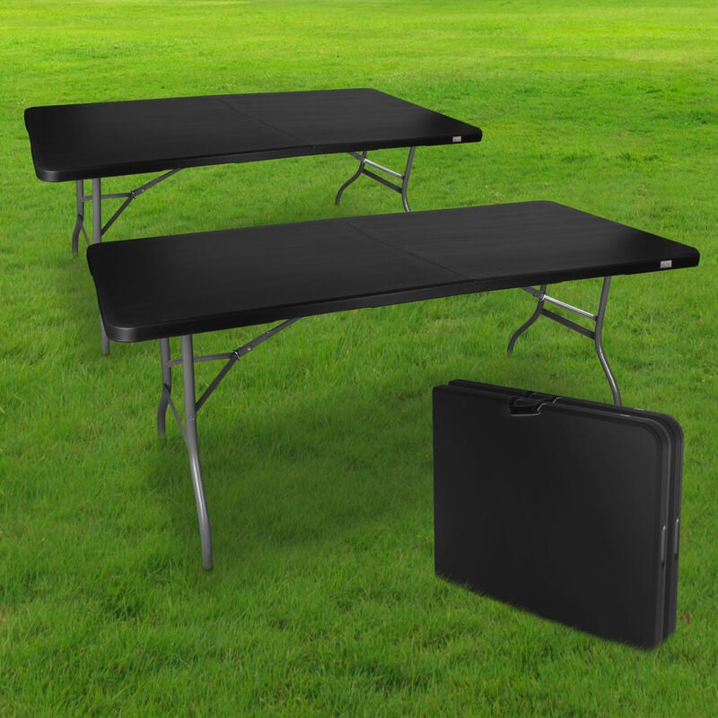 lot de 2 tables pliantes de camping 180 cm rectangulaire noir - table de jardin 8 personnes l180 x l74 x h74cm en hdpe haute densité épaisseur 3,5 cm