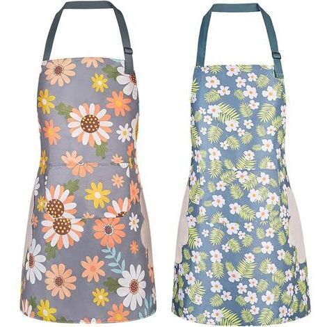 Lot de 2 tabliers floraux avec poches pour femmes, imperméables et réglables, pour la cuisine, le jardinage et le salon