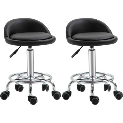 Lot de 2 tabouret à roulette pivotant 360°, assise réglable 47-62H cm, acier chromé revêtement synthétique noir