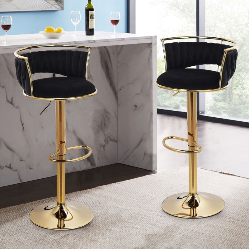 Dans Les Nuages - Lot de 2 Tabouret de bar, avec Repose-Pieds, Base en métal Doré, 360 pivotant, réglable en hauteur, chaises à manger en Velours