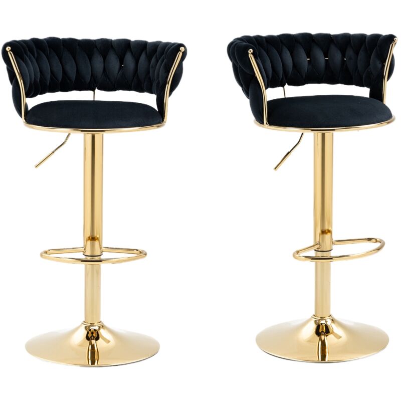 Lot de 2 Tabouret de bar - chaise de bar, rotatif à 360°, avec hauteur réglable, coussin rembourré, dossier et pieds métalliques - Noir
