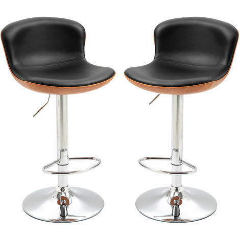 Lot de 2 tabouret de bar design contemporain hauteur d'assise réglable 64-85 cm pivotant 360° revêtement synthétique noir imitation bois - Noir