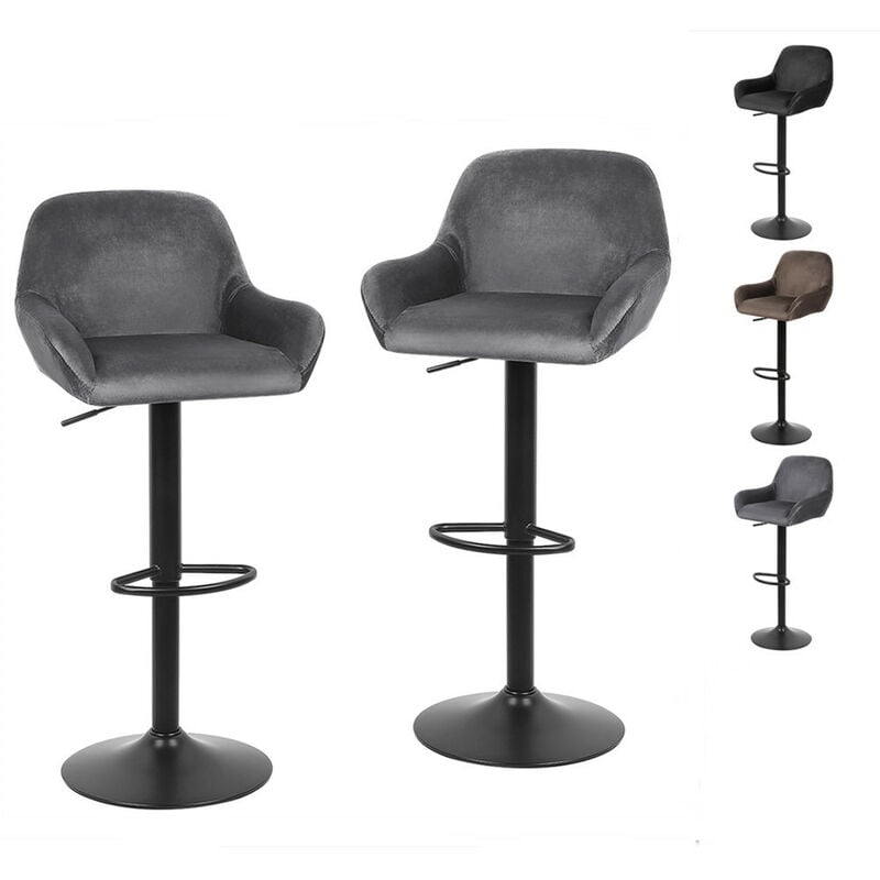 Skecten - Lot de 2 Tabouret de Bar en Velours - Style Contemporain - Réglable en Hauteur et Pivotant - Gris