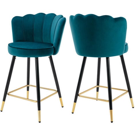 Lot de 2 Tabouret de Bar en Velours Chaise de Bar Velours avec Pieds en Métal Tabourets Hauts pour îlot de Cuisine et Bar, Bleu Sarcelle