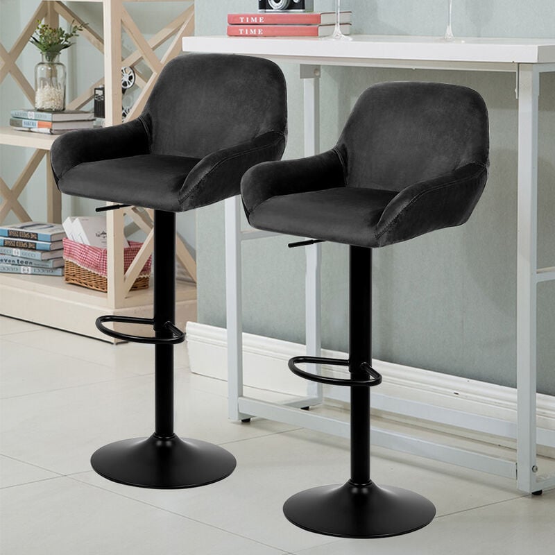 Lot de 2 Tabouret de Bar，en velours，Reglable en Hauteur et Pivotant,avec Dossier et Accoudoirs,Noir