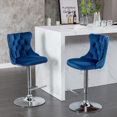Lot de 2 Tabouret de bar  velours , assise réglable 64–84 cm, dossier et base chromée Ø45 cm - bleu