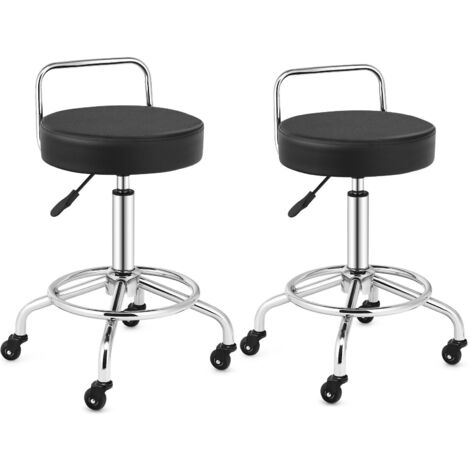 Lot de 2 tabouret de travail à roulettes pivotant à 360° avec dossier et repose-pieds noir