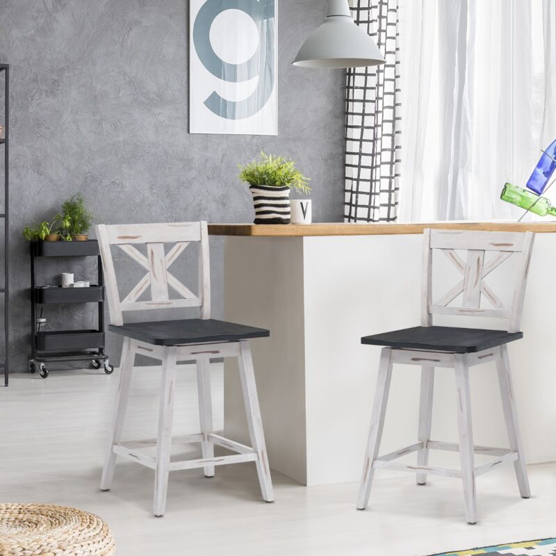 Lot de 2 Tabourets Bar Pivotant 360° Repose-Pieds Bois Vintage Blanc CW82528